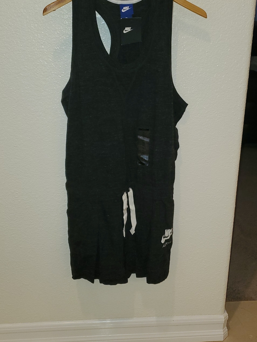 Women's Nike Charcoal Sleeveless Tank Romper with White Drawstring Size XL NWT